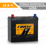 Аккумулятор автомобильный Forse 45 А.ч.  420А ASIA  прямая полярность узкие клеммы + переходники  235x127x220